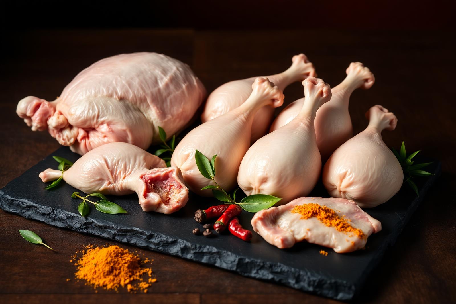 Assorted fresh raw chicken on a rustic slate board with curry leaves and spices